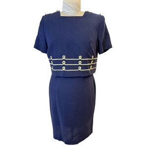 Halmode Petites Vintage Nautical Dress Navy Gold Metallic Sz. 10 Lined